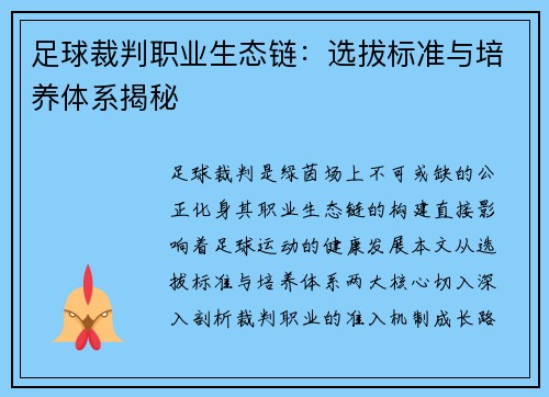 足球裁判职业生态链：选拔标准与培养体系揭秘