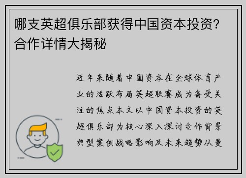 哪支英超俱乐部获得中国资本投资？合作详情大揭秘